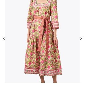 Elegant Floral Three Quarter Length Sleeve Dress in Pink and Green